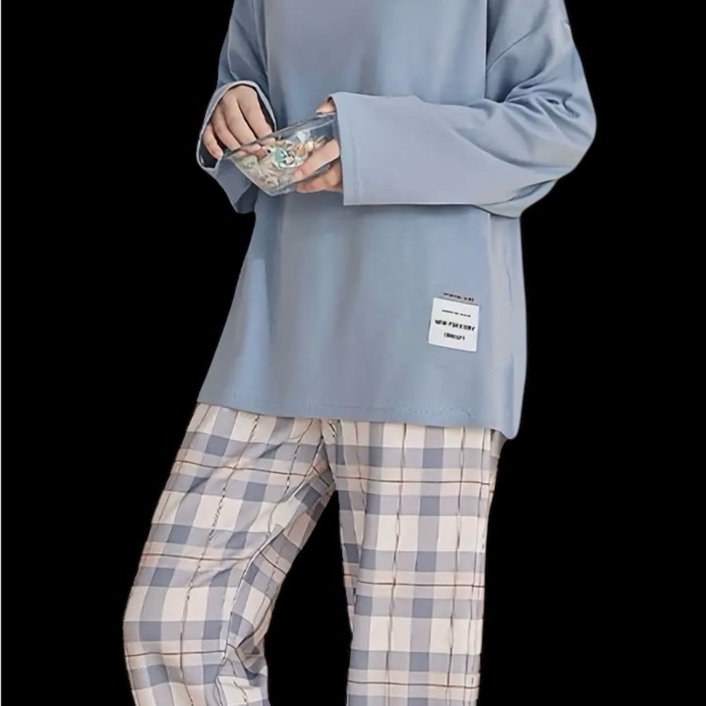 Blue Long Sleeve Top and Plaid Pants Set